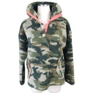 J.CREW Sherpa Fleece Snap Pullover Jacket Camo Green Neon Coral Trim Small Teddy